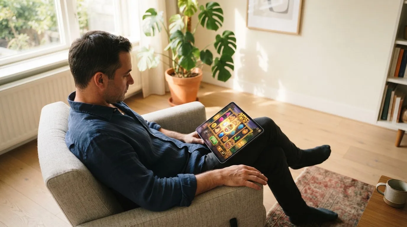 Een man leunt achterover op een stoel met een tablet op schoot, in een lichte woonkamer met planten op de achtergrond.
