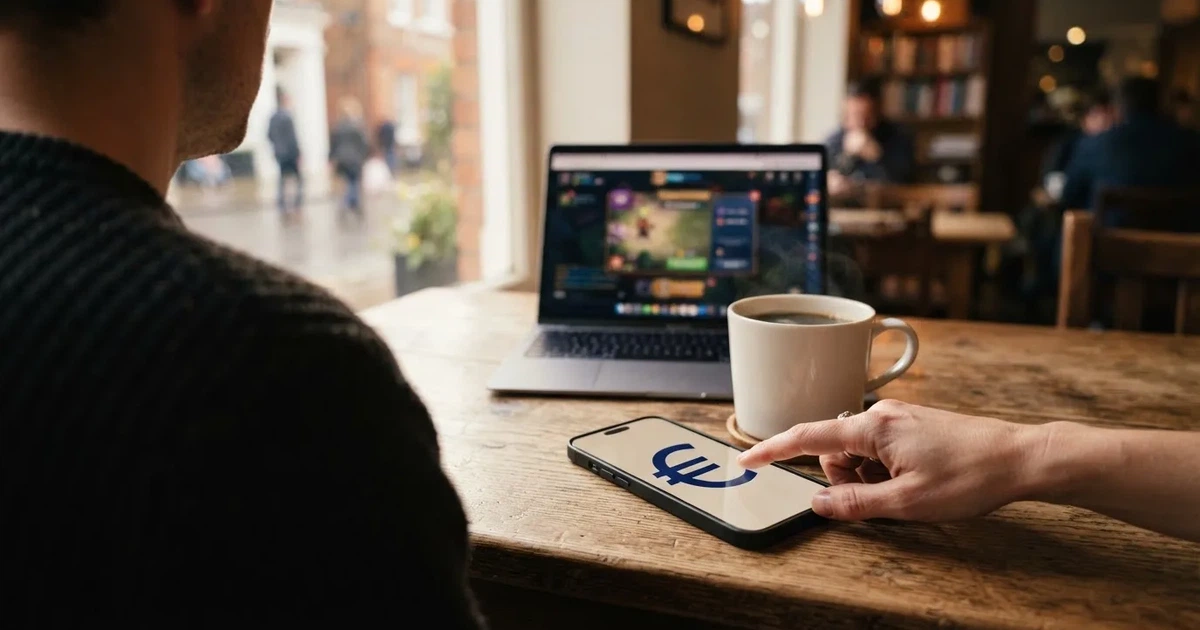 Close-up van handen die op een smartphone tikken naast een kop koffie en een laptop met onscherp scherm op een houten tafel.