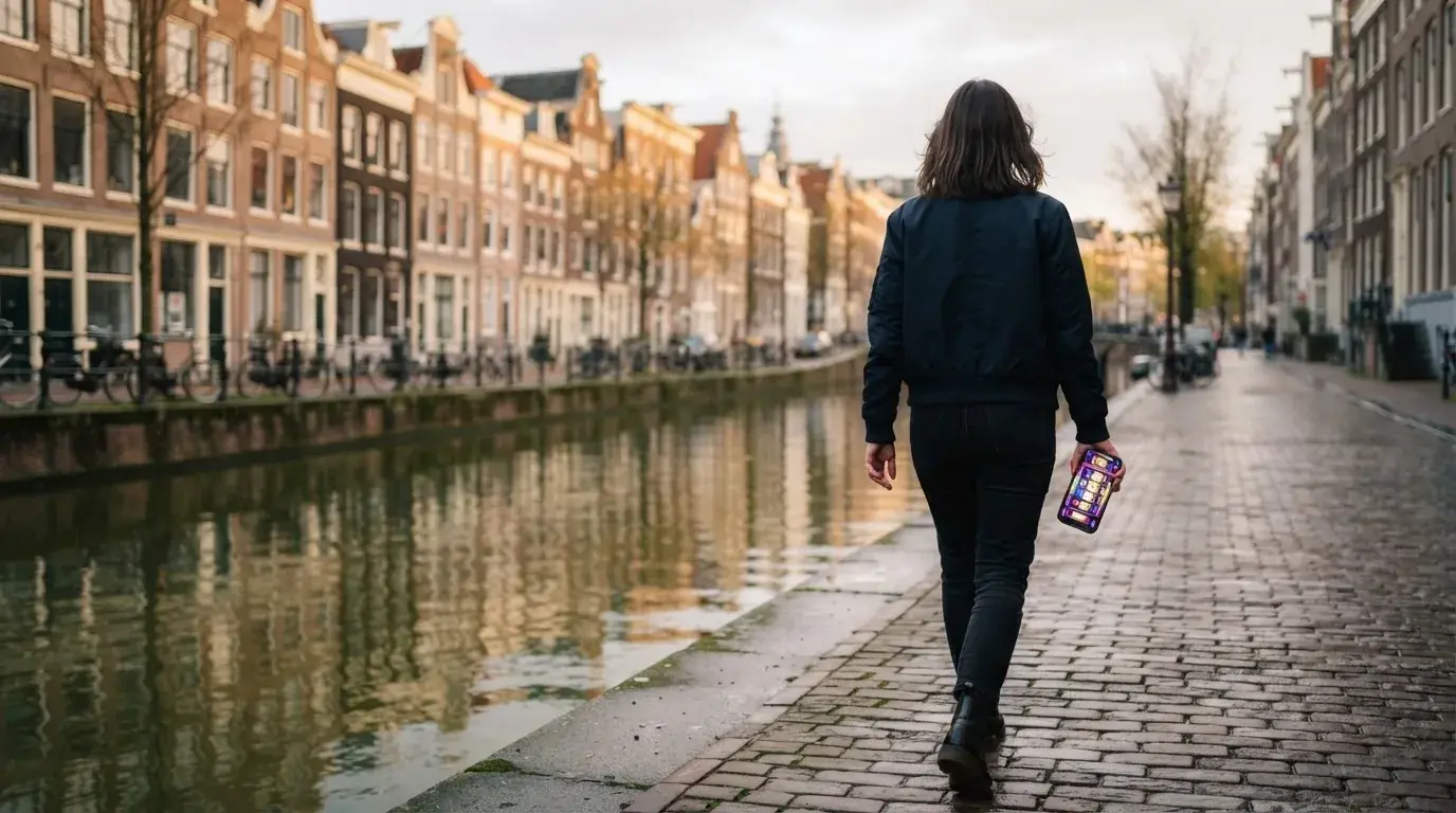Een persoon loopt met een telefoon in de hand langs een grachtenpand in een Nederlandse stad, met wazige gevels op de achtergrond.