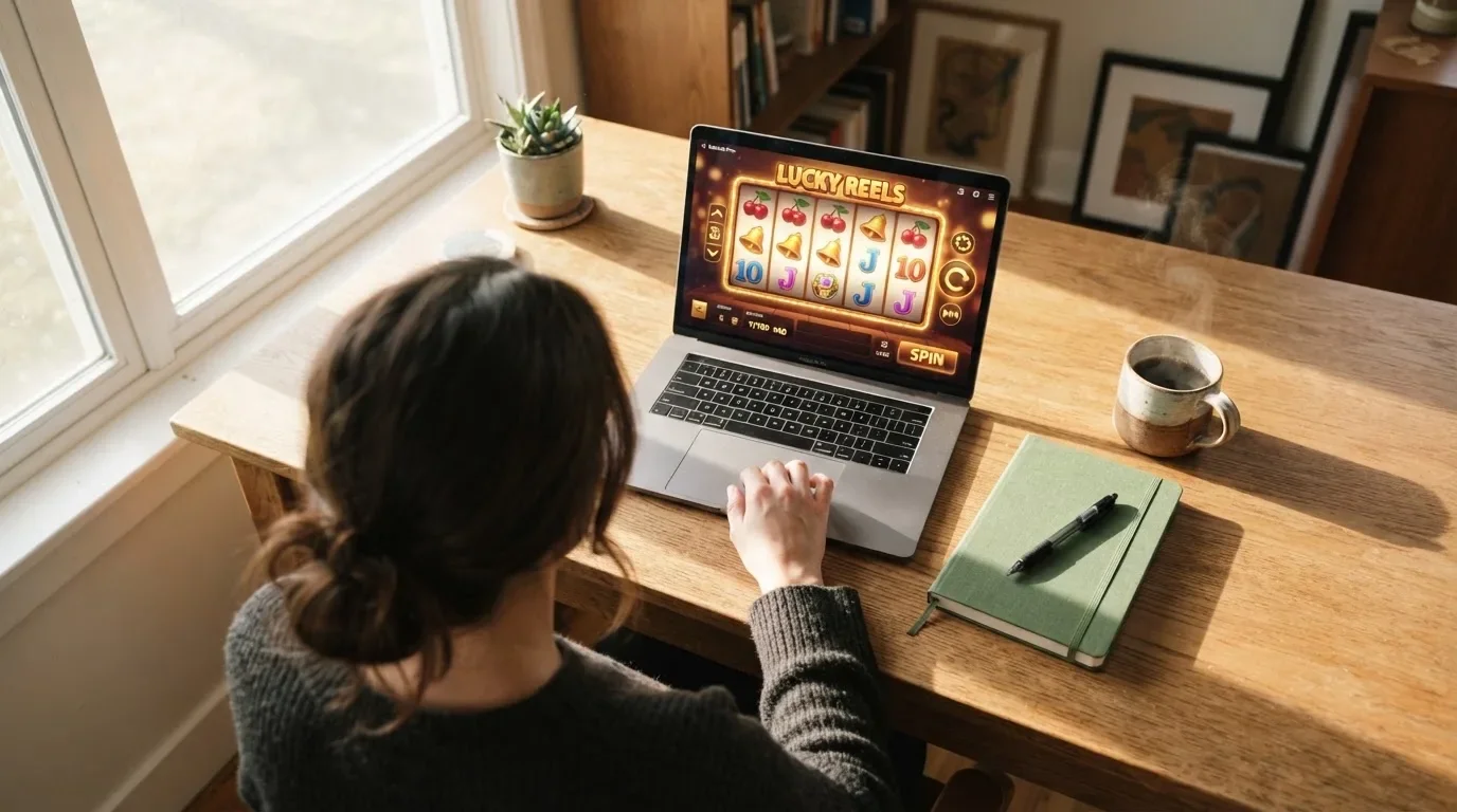Een persoon zit aan een bureau thuis met een laptop en een notitieblok in daglicht.