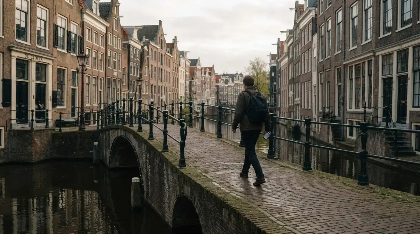 Een volwassene loopt over een brug in een Nederlandse stad met een telefoon in de hand.
