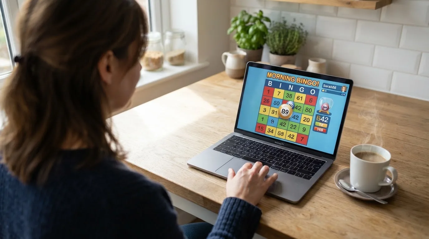 Een vrouw bekijkt rustig op haar laptop de opties voor online spelen aan de keukentafel, met een kopje koffie ernaast.