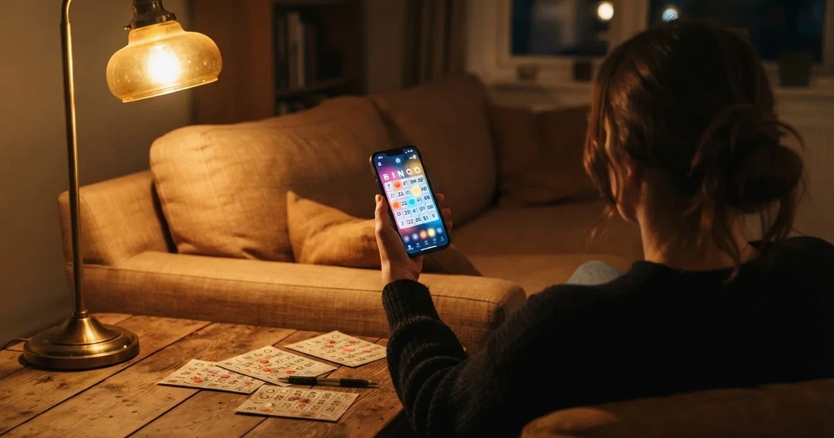 Een persoon zit ontspannen op de bank met een smartphone in de hand, bingokaarten en pen liggen op de salontafel in warm lamplicht.
