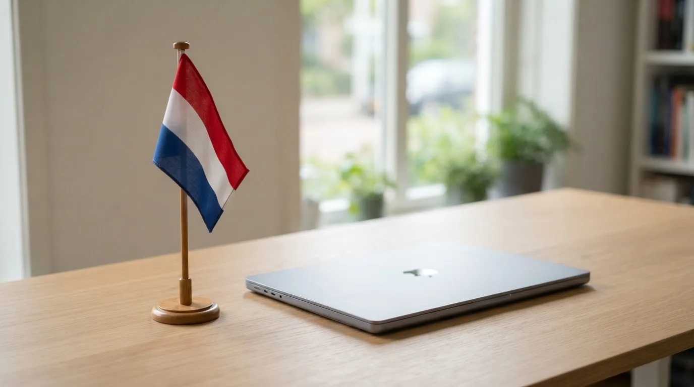 Een bureau met een Nederlandse vlag op een standaard naast een gesloten laptop, symbool voor regelgeving en toezicht op kansspelen.