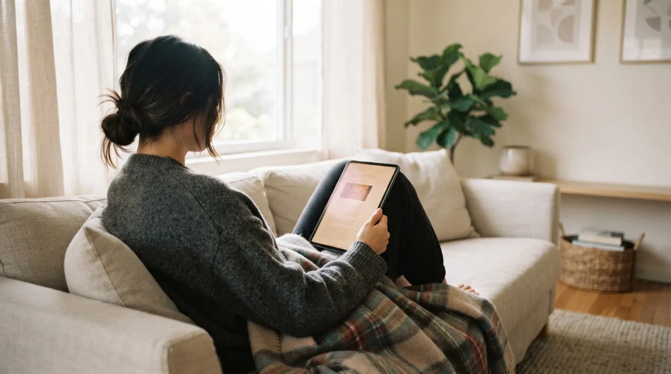 Iemand bekijkt ontspannen een tablet op de bank in een lichte woonkamer, met een plaid over de knieën.