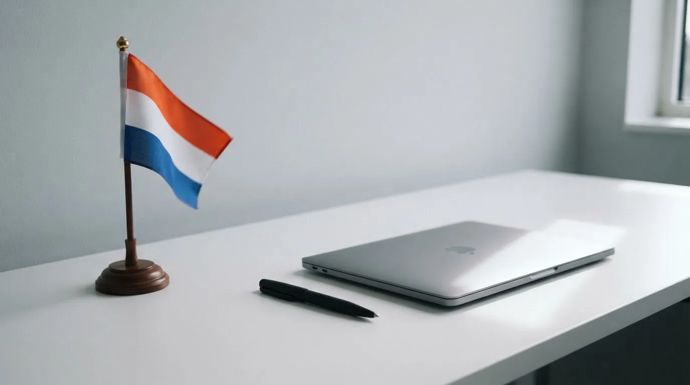 Een kantoorbureau met een Nederlandse vlag op een voetstuk naast een dichte laptop.
