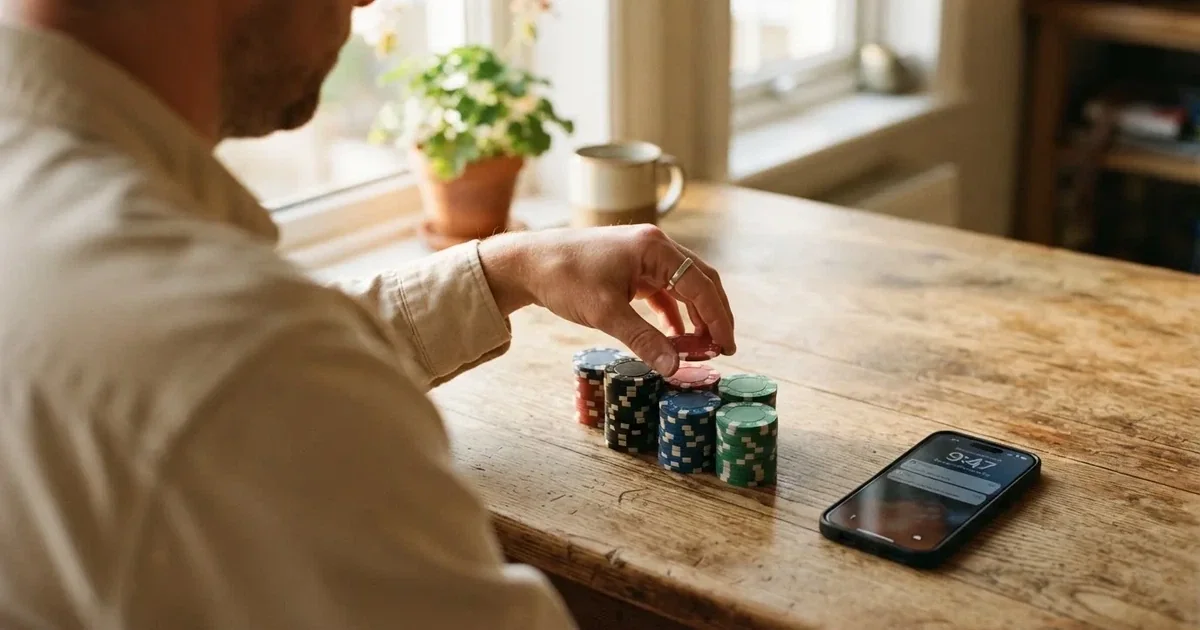 Iemand telt rustig wat muntgeld op een houten tafel naast een smartphone, in een lichte keuken.