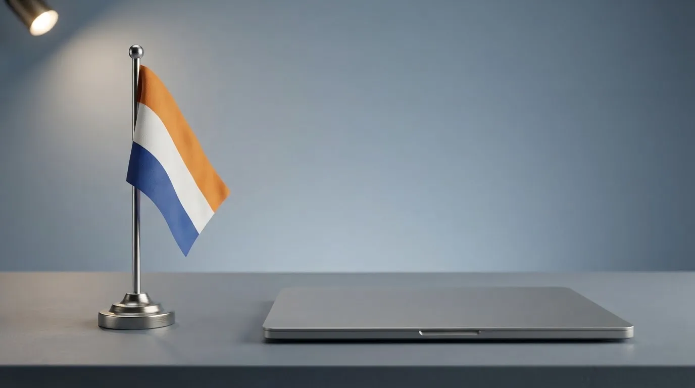 Een kantoorbureau met een Nederlandse vlag op een voetstuk naast een gesloten laptop.