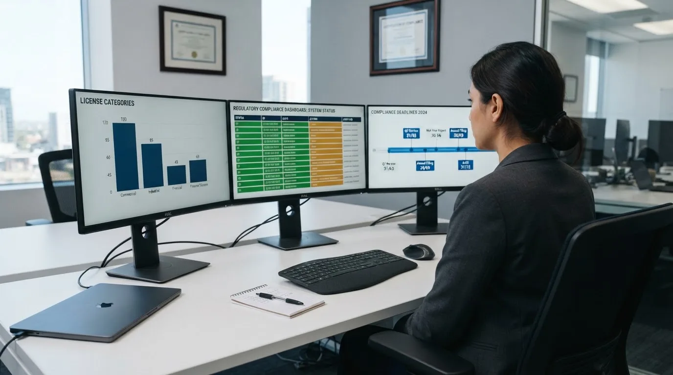 Een medewerker van een toezichthoudende instantie werkt achter een bureau met meerdere monitoren in een professioneel kantoor.