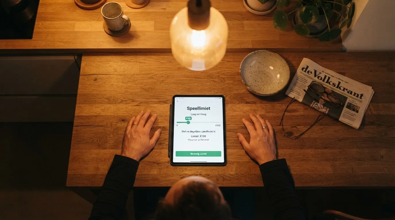 Een persoon bekijkt rustig instellingen voor speellimieten op een tablet aan een keukentafel in de avond.